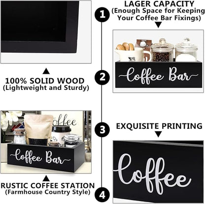 Coffee Station Organizer Coffee Bar Wood Countertop Accessories for Home Office Kitchen Countertop Organizer Condiment Station Storage Farmhouse Coffee Bar Decor 12"L x 6.6"W x 3.6"H, Black