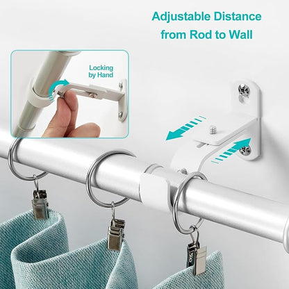 Adjustable Curtain Rod Brackets, Metal Window Drapery Rod Hanger Holders Hooks for 1 inch Rods (White, Set of 2)