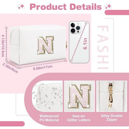 Small Initial Patch Makeup Bag Personalized Gifts Make Up Bag,White Cute PU Leather Glitter Letter Cosmetic Bag with Zipper,Trendy Portable Travel Toiletry Pouch,Preppy Stuff for Teen Girls Women N
