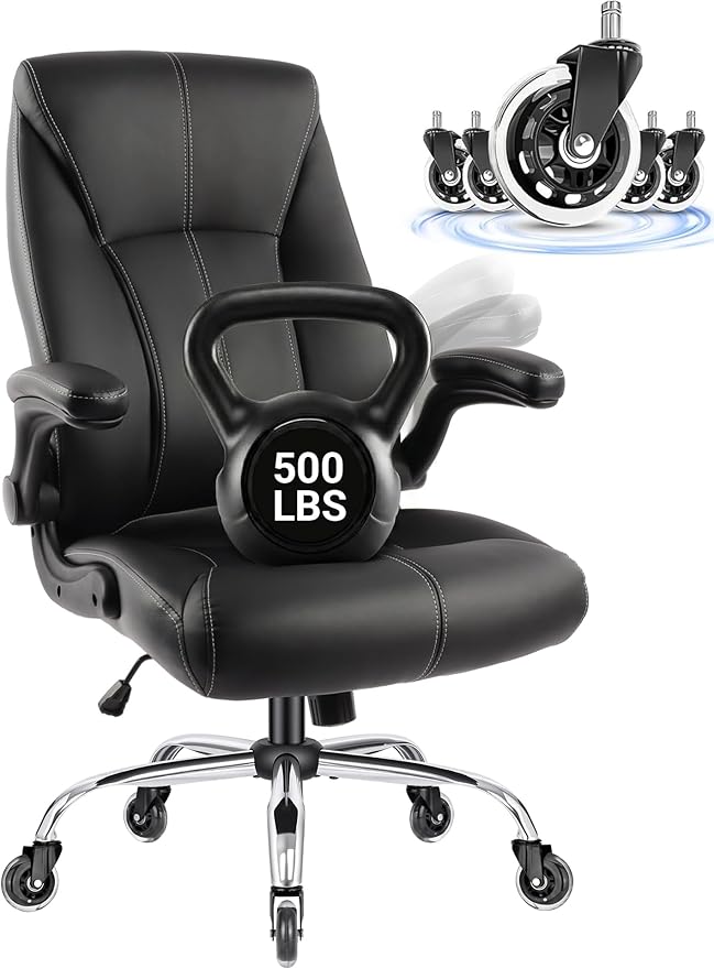 Big and Tall Office Chair for Heavy People, 500LBS High Back Extra Wide Executive PU Leather Office Chair with Flip-Up Armrests, Quiet Rubber Wheels, Comfortable Home Office Desk Chair