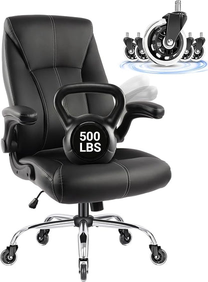 Big and Tall Office Chair for Heavy People, 500LBS High Back Extra Wide Executive PU Leather Office Chair with Flip-Up Armrests, Quiet Rubber Wheels, Comfortable Home Office Desk Chair