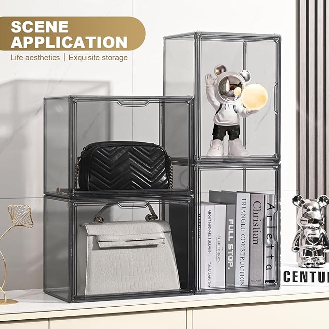 ULENDIS 4 Pack Handbag Storage Organizer for Closet, Transparent Gray Acrylic Display Case for Handbag Purse, Stackable Storage Organizer with Magnetic Door for Wallet Book Cosmetic Toys Display