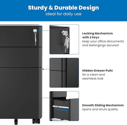 Mount-It! Slim Rolling Under Desk Cabinet, Mobile Filing Cabinet with 3 Drawers and Lock for Home & Office Storage, Black