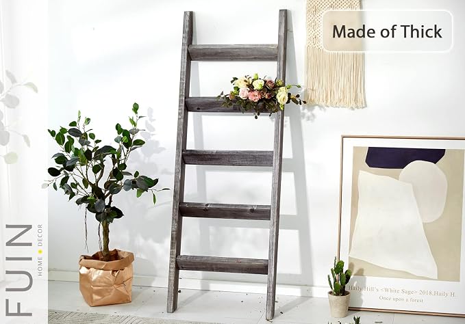 FUIN 5ft (58") Wood Blanket Ladder Living Room Decorative Wall Leaning Farmhouse Quilt Display Holder Rustic Wooden Towel Rack for Bathroom, Gray