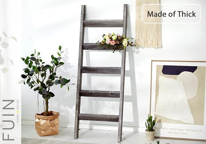FUIN 5ft (58") Wood Blanket Ladder Living Room Decorative Wall Leaning Farmhouse Quilt Display Holder Rustic Wooden Towel Rack for Bathroom, Gray