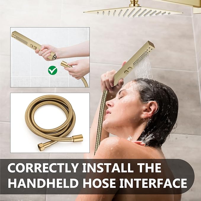 Shower Faucet Set Rainfall Shower System with Square Showerhead and Handle Set Fixture with 2 in 1 Function Handheld Sprayer Wall Mounted Trim Repair Kit Rough-in Valve 8 Inch Brushed Gold