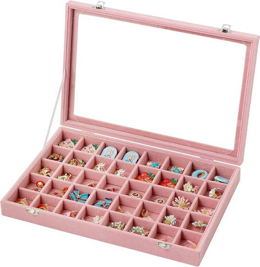 Frebeauty 40 Grid Jewelry Tray,Adjustable Earring Holder Organizer with Glass Lid,Velvet Drawer Jewelry Organizer for Rings,Studs,13.8 x 9.5 x 2 Inches Jewelry Display Box,Gift for Women(Pink)