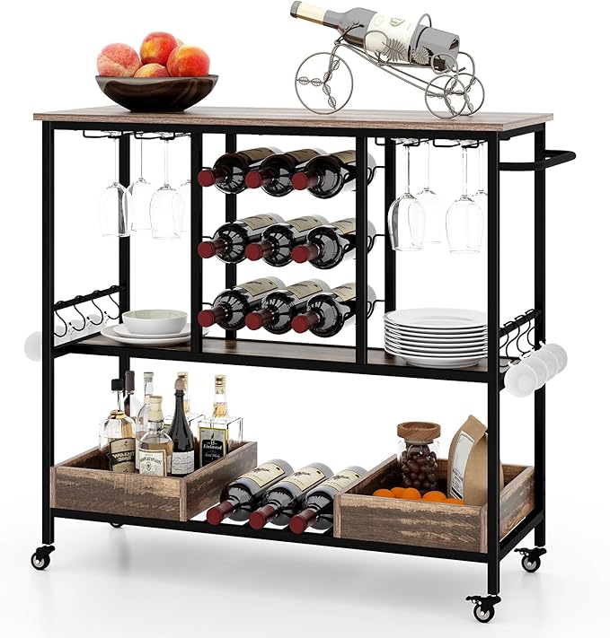 Giantex Bar Cart, 3 Tier Home Serving Cart on Wheels, Glass Racks, 12 Wine Holders, 8 Hooks & Storage Boxes, Industrial Rolling Beverage Cart for Coffee Bar, Kitchen, Dining Room