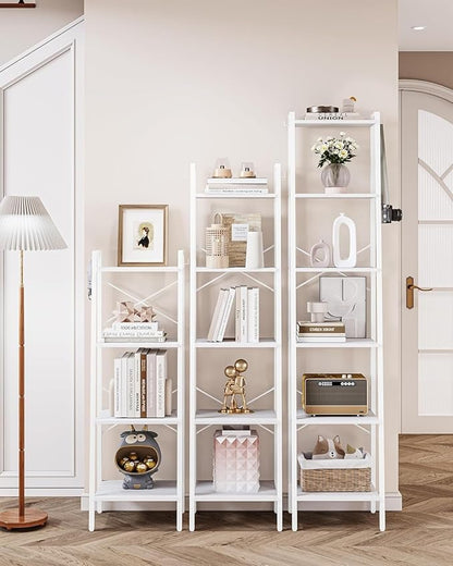 Ladder Shelf, Bookshelf Bookcase, Freestanding Corner Storage Shelve with 2 Hooks for Home Office, Living Room, Kitchen, Bedroom, Industrial, 5-Tier White BC03213W