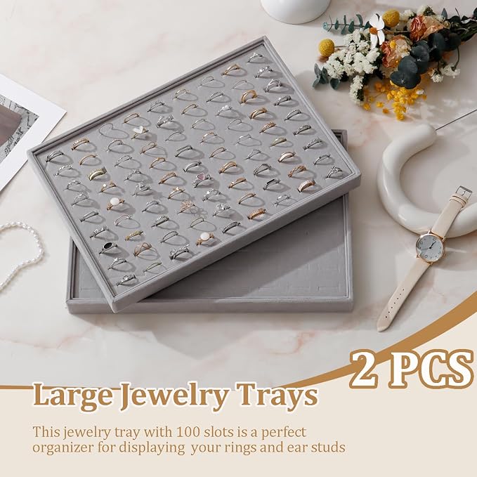 Large Velvet Jewelry Tray 2 Pack Stackable Jewelry Display Drawer Inserts Trays Organizer for Earring Bracelet Necklace Ring (Gray, Ring 81 Slots)