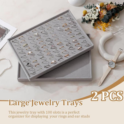 Large Velvet Jewelry Tray 2 Pack Stackable Jewelry Display Drawer Inserts Trays Organizer for Earring Bracelet Necklace Ring (Gray, Ring 81 Slots)