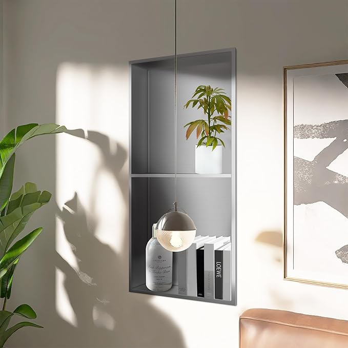 Niche for Shower Wall 12" X 24" Double Shelves, Niche Recessed Shower Shelf for Bathroom Storage, No Tile Needed Over Mount Installation, Brushed Nickel