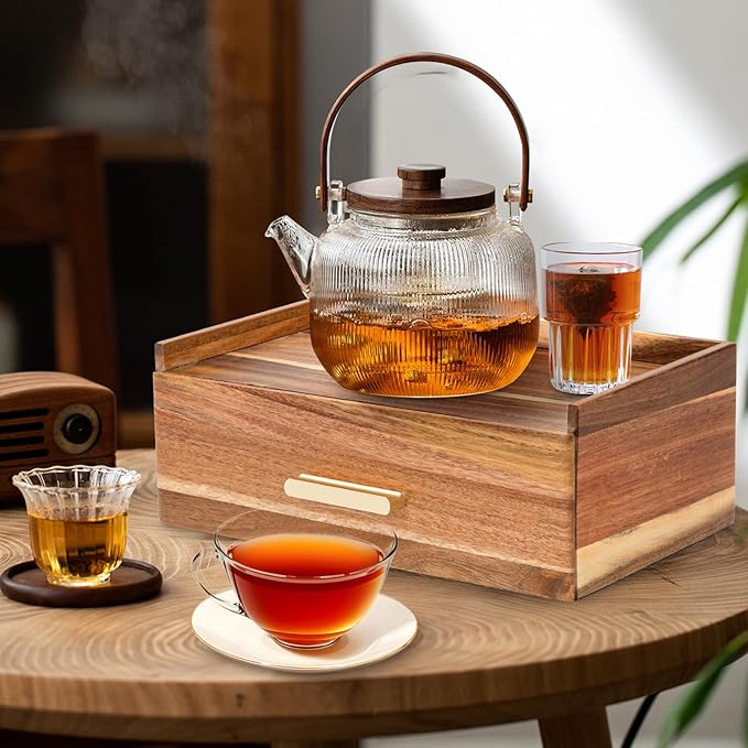 Tea Bag Organizer, Acacia Wood Tea Organizers and Storage Box, Tea Bag Holder Station Caddy Container for Countertop, Tea Accessories Gift Box with Drawer