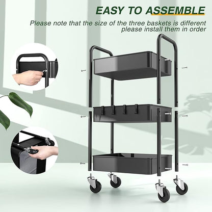 LEHOM 3 Tier Rolling Storage Cart, Metal Trolley Utility Cart with Wheels & Hooks, Easy Assembly Organizer Storage Cart for Bathroom Kitchen Office Bedroom