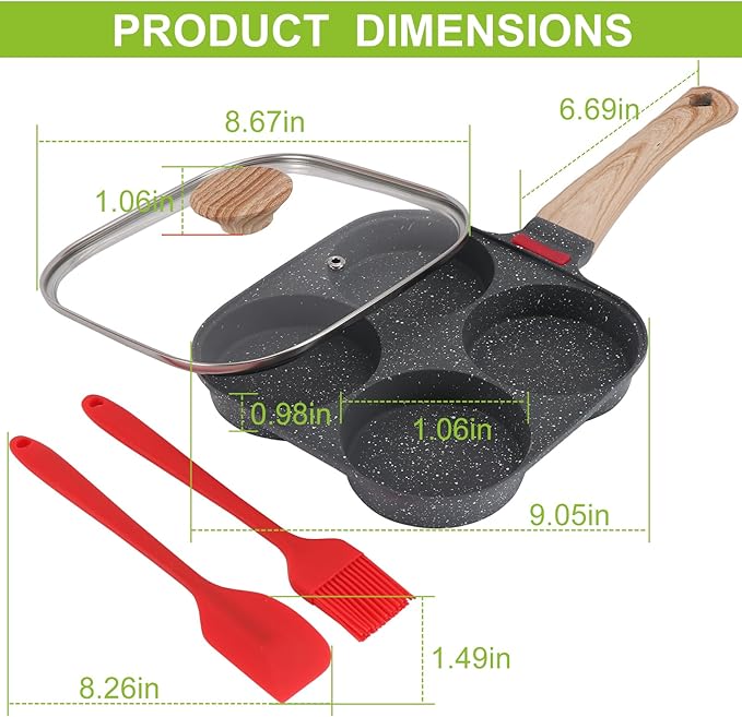4-Cup Egg Pan, Premium Egg Pans Nonstick, Omelette Pan with Lid , Healthy Egg Frying Pan for Breakfast, Egg Sandwich, Hamburger, Pancake, Egg Skillet Suitable for Gas Stove & Induction Cookware