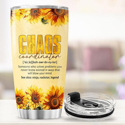 Chaos Coordinator Gift 20oz, Sunflower Design Insulated Stainless Steel Travel Cup for Women, Funny Appreciation Tumbler for Coworkers, Teachers, Boss, Birthday Present