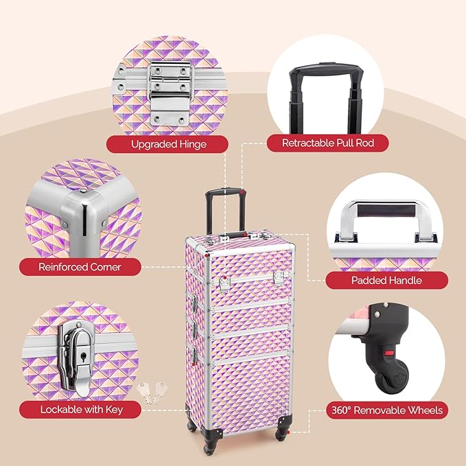 mefeir 4-in-1 Rolling Makeup Train Case Lift Handle,4 Removable Wheels Lockable Keys,Aluminum Cosmetic Trolley Beauty Stylist Artist Organizer Box,Ideal Xmas New Year Gift (Diamond Pink)