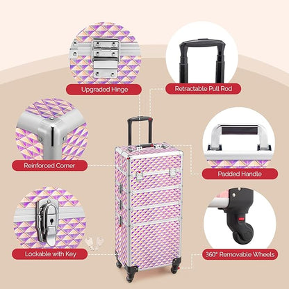 mefeir 4-in-1 Rolling Makeup Train Case Lift Handle,4 Removable Wheels Lockable Keys,Aluminum Cosmetic Trolley Beauty Stylist Artist Organizer Box,Ideal Xmas New Year Gift (Diamond Pink)