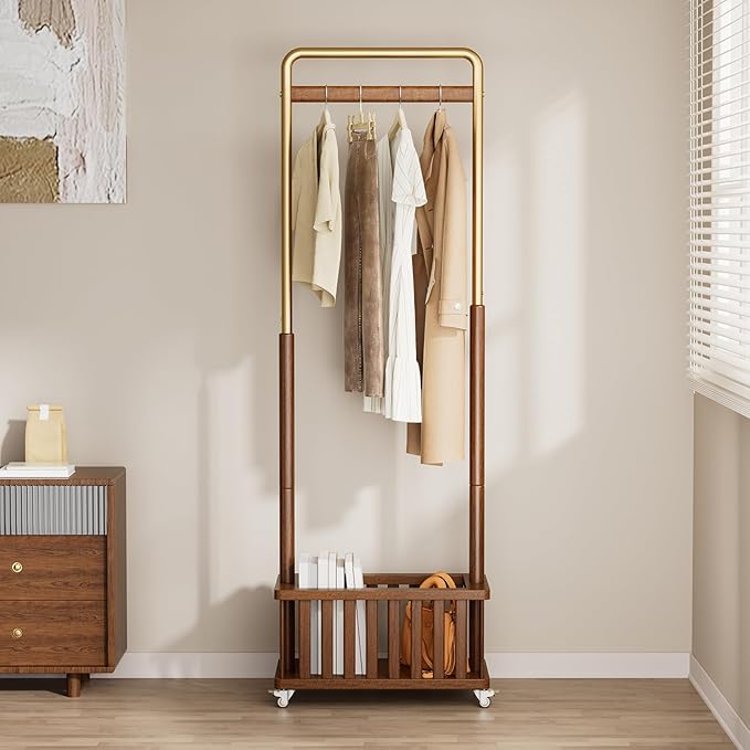 Clothes Rack Solid Wood Coat Rack, Metal and Solid Wood Combination Clothing Rack with Wheels for Entryway, Bedroom, Living Room, Coat Racks Freestanding for Hanging Clothes Garment Scarf