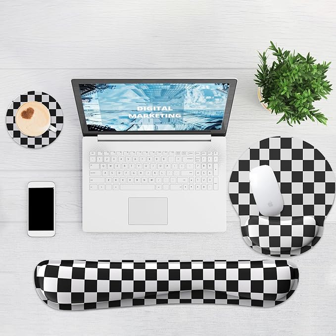 Ergonomic Mouse Pad with Wrist Rest and Keyboard Wrist Rest, Mousepad and Keyboard Pad, Non-Slip Rubber Base, Pain Relief, Mouse Pad with Wrist Support for Gaming, Computer, Office, Black Checkered