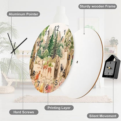 Forest Wood Wall Clock, Retro Mountain Forest Nature Tree Woodland Flower Animal Bear, Deer Pattern 12 Inch Silent Non-Ticking Battery Operated Round Clock for Bedroom Living Room Office Decor