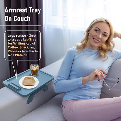SINWANT Couch Arm Tray, Bamboo Sofa Clip on Tray Tables with 360° Phone Holder,Folding Anti Slip Couch Armrest Table for Snacks,Drinks,Remotes 15.35"x9.85"