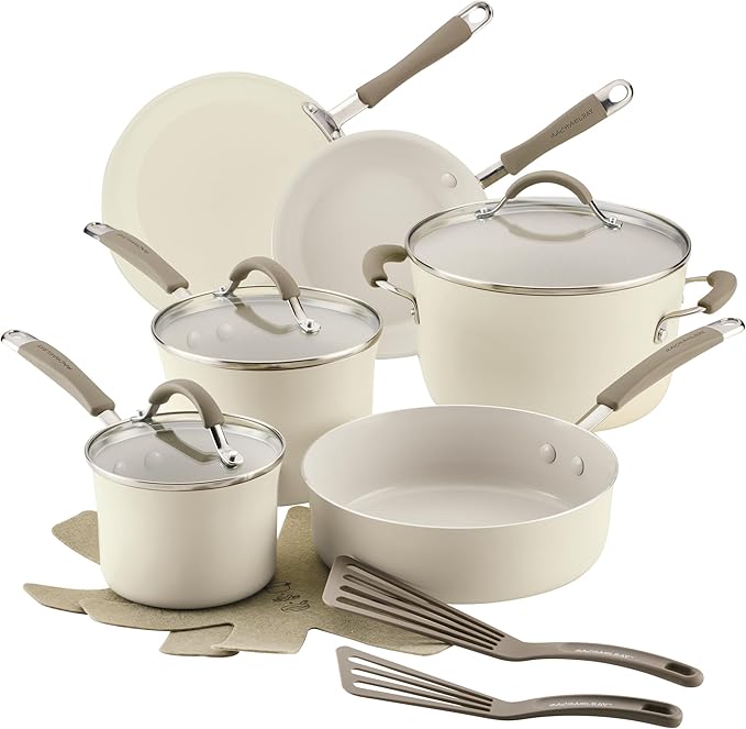 Rachael Ray Cucina Ceramic Cookware Set - 13 Pieces - Ceramic Pots and Pans Set w/Nonstick Frying Pans, Saute Pan, Saucepans, Stockpot, Lids, Pan Protectors - Almond