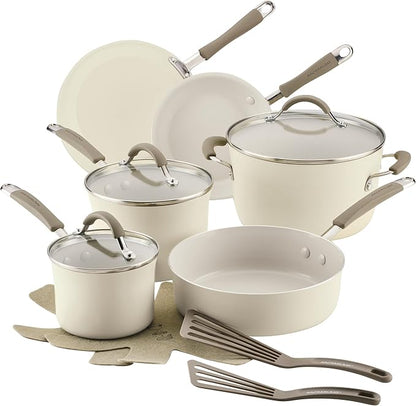 Rachael Ray Cucina Ceramic Cookware Set - 13 Pieces - Ceramic Pots and Pans Set w/Nonstick Frying Pans, Saute Pan, Saucepans, Stockpot, Lids, Pan Protectors - Almond