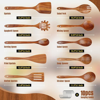 Wooden Spoons for Cooking, 10PCS Teak Wood Cookware Utensil Set with Hooks - Smooth Finish, Non-Stick, Comfortable Grip, Heat Resistant Kitchen Utensils