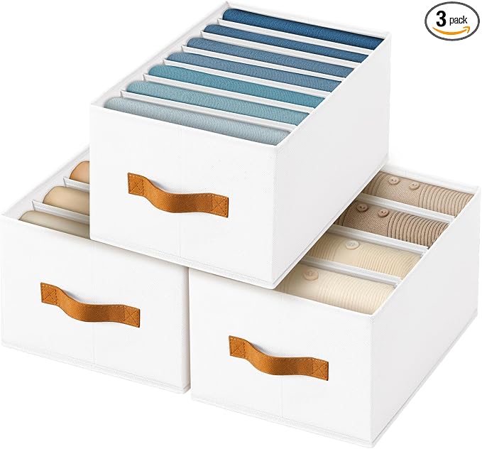 Homsorout Clothes Organizers and Storage - 4/5/7 Grids Fabric Jeans Organizer with Handles, Foldable Closet Organizers Dividers, Wardrobe organizer for Pant, Sweater, T-shirt, Scarf, 3 Pack, White