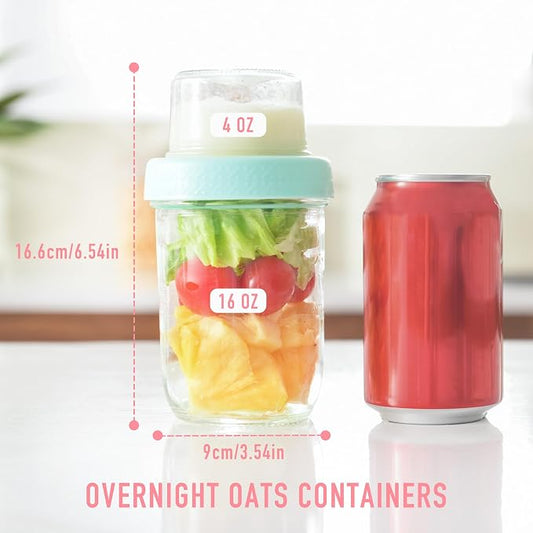 4oz 16 oz Glass Overnight Oats Containers with Lids 6Pack, Yogurt Parfait Cups with Dry and Wet Separation, Breakfast Prep Bowl for Cereal Nut Fruit Meal, To Take Along Oatmeal Salad Smoothie Snack