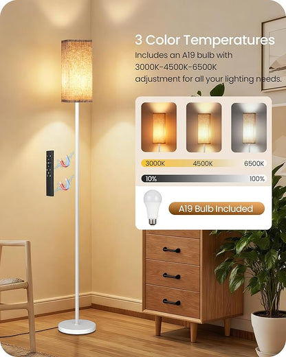 64.2” Dimmable Floor Lamp for Living Room with Remote and Foot Switch, Corner Floor Lamp for Bedroom, Includes 10W A19 Bulb, Modern Standing Tall Lamp, ETL Listed White and Beige WE17LD05