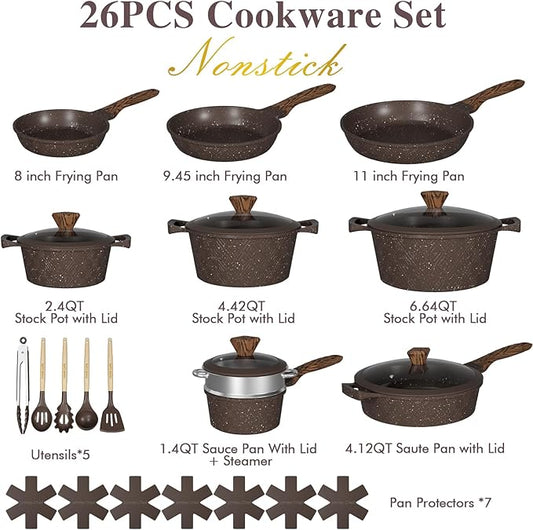 Umite Chef 26PCS Pots and Pans Set Non Stick, Nonstick Cookware Sets, Induction Cook Ware, Includes Steamer & Silicone Utensils, Housewarming Gift, Kitchen Cooking Sets w/Frying pan (PFOS, PFOA Free)