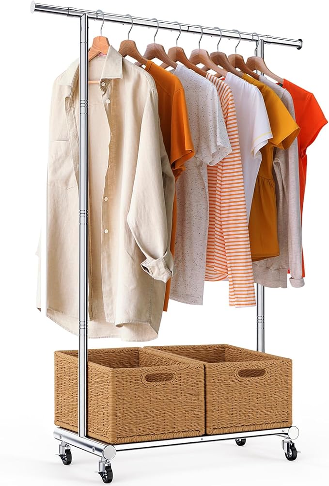 TigerParty Clothes Rack for Hanging Clothes, Sturdy Stainless Steel Clothing Rack, Extendable & Adjustable Rolling Garment Rack with Wheels for Bedroom Laundry Living Room