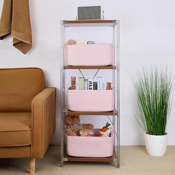 MiniArk Large Storage Baskets for Shelves, Closet Organizers Bins for Clothes Blanket Towels, Baby Nursery, Toy Baskets Box, Woven Rope Baskets, 17 x 13 x 7.5”, 3 Packs Light Pink