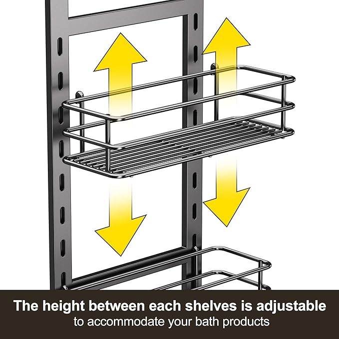 Orimade Adjustable Anti-slip Shower Caddy over Head, Rustproof Bathroom Hanging Shower Organizer with 2 Hooks for Razor, No Drilling Shower Shelves Storage Rack 3 Tier, Grey