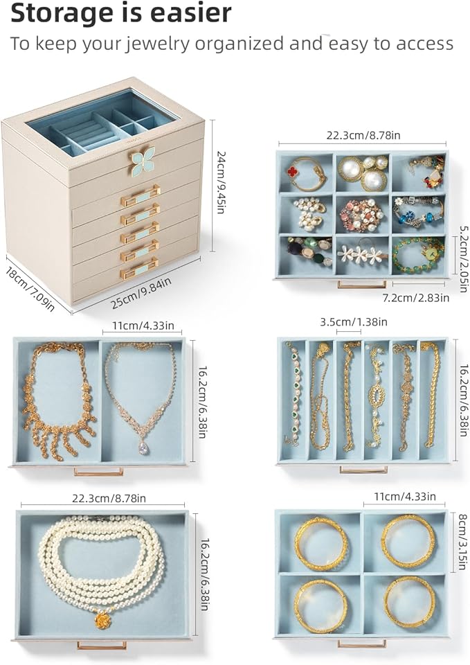 Vee Jewelry Box,6 LayerJewelry Organizer,Jewelry Case with Glass Lid,for Necklaces, Earrings, Watches, Bracelets (6 Levels Grey)