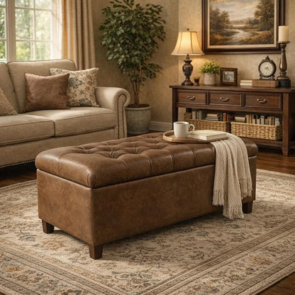 Homepop Home Decor | Button Tufted Storage Bench | Ottoman Bench with Storage for Living Room & Bedroom, Distressed Brown Faux Leather