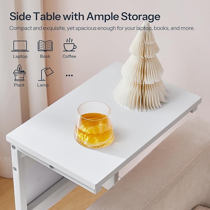 HOOBRO C Shaped End Table with Charging Station, 28" H Couch Side Table Slide Under, Sofa Arm Tray Table with Storage Bag for Living Room, Recliner, White WW70USF01