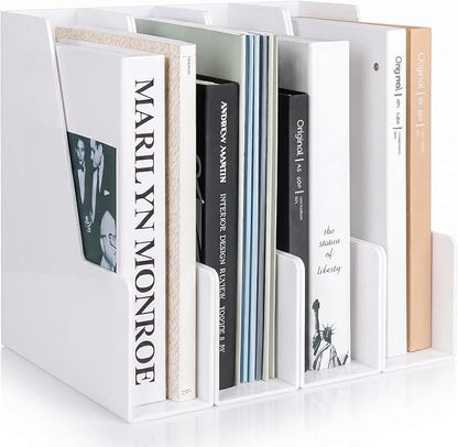 LALOBLUE Vertical Magazine File Holder, White, 4 Pack Folder Organizer | Plastic, Holds Magazines, Folders, Notebooks, Documents, 4 Section Vertical File Folder Holder, magazine file holder