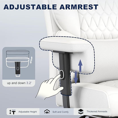Misolant Big and Tall Office Chair with Footrest, High Back Executive Desk Chair with Adjustable Lift Armrest, 155°Recline，Lumbar Support Pillow, Faux Leather Gaming Chairs for Home or Office White