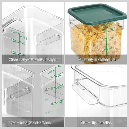 4 Pack Food Storage Containers with Green Lids, 4.0 Qt - Square, Clear, Polycarbonate, for Restaurant Commercial Kitchen and Home party