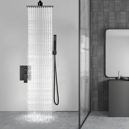 Aolemi Shower Faucet Set Rain Shower System with Handheld Spray Bathroom Shower Combo Rough-in Valve and Shower Trim Kit Included Matte Black 16 Inch Wall Mount Shower Head