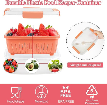 68oz Berry Keeper Fruit Storage Container for Fridge, Fresh Food Produce Saver Containers with Removable Drain Colanders, Vegetable Lettuce Keeper Bowl, Refrigerator Organizer, PRESS TO OPEN CLOSE LID