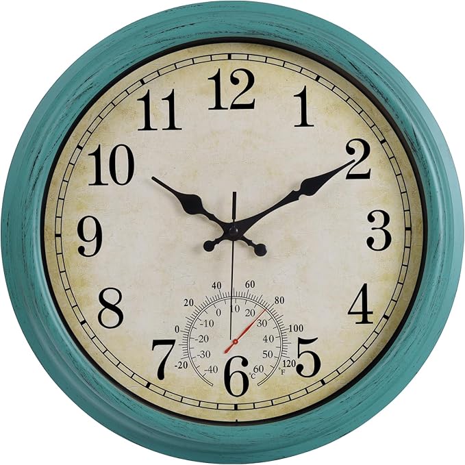 16 Inch Large Outdoor Clock, Waterproof Wall Clock with Thermometer, Battery Operated Silent Non-Ticking Vintage Wall Clock Quartz Round Clock Home Decor,Green