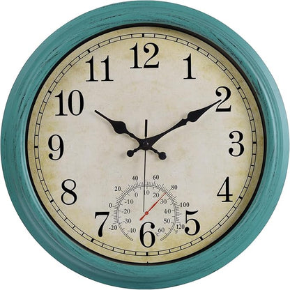 16 Inch Large Outdoor Clock, Waterproof Wall Clock with Thermometer, Battery Operated Silent Non-Ticking Vintage Wall Clock Quartz Round Clock Home Decor,Green