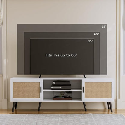 ZttRiee TV Stand for TVs up to 65'', Mid Century Modern Entertainment Center with Rattan Door, Shelves & 2 Cabinets, Boho Media TV Console for Living Room, Bedroom, White