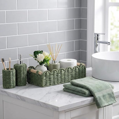 CubesLand Scalloped Decor Basket for Living Room, Home, Bathroom, 2SAME SIZE Paper Rope Basket, Toilet Storage Baskets for Over Toilet Storage Shelf, Cozy Woven Basket Both Storage&Decor, Green