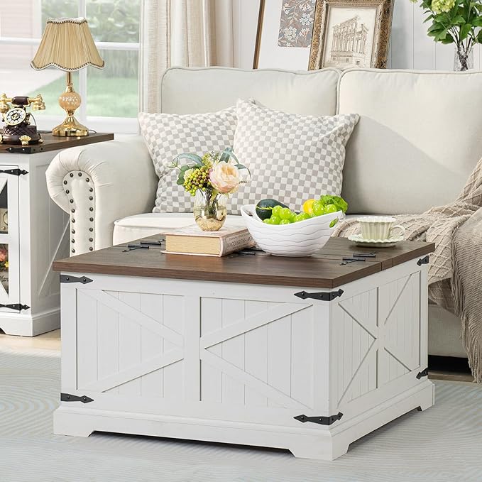 Farmhouse Coffee Table with Large Hidden Storage Compartment, Antique White Square Center Table, Wood Rustic Low Modern Living Room Tables with Hinged Lift Brown Top & Wooden Arc Base