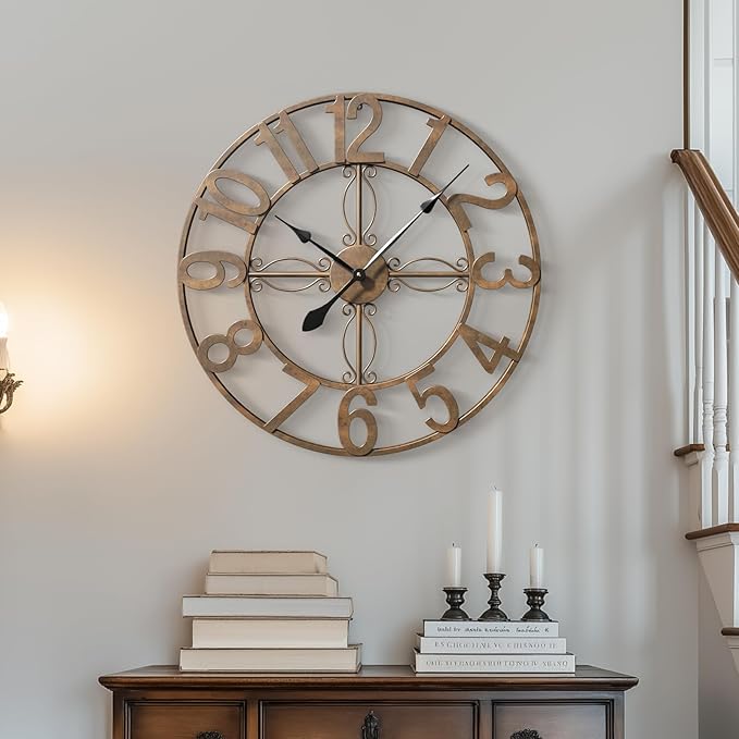 Cuspin 24 inch Wall Clock, Large Wall Clocks for Living Room, Decorative Metal Round Clock Battery-Operated Silent Non Ticking Retro Rustic Arabic Numerals Analog, Bronze